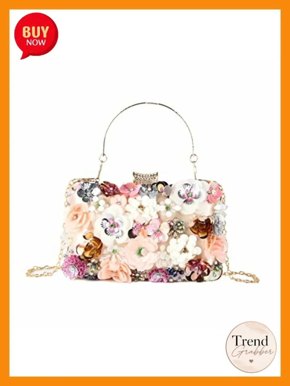 Flower Embellished Evening Clutch with Detachable Chain Strap
